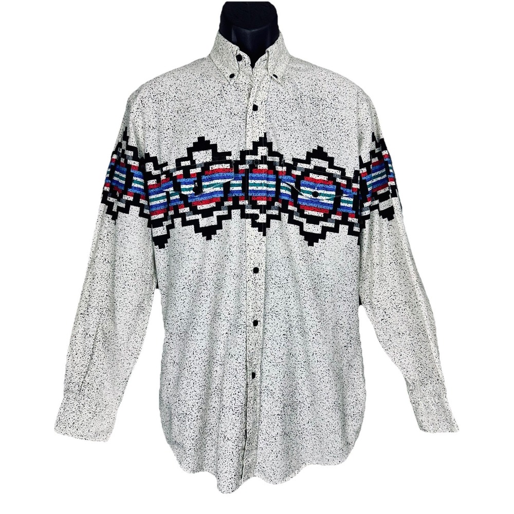 VTG 80s 90s Roper Button Shirt Mens Medium B&W Speckle Aztec Southwestern Cowboy
